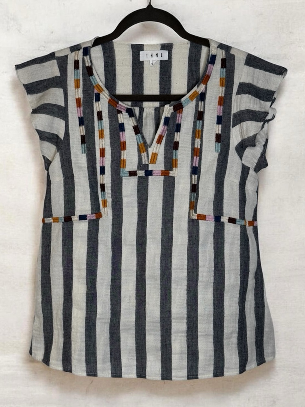 THML Vertical Stripe Embroidered Flutter Sleeve Tunic - Gray & White - Picture 3 of 6